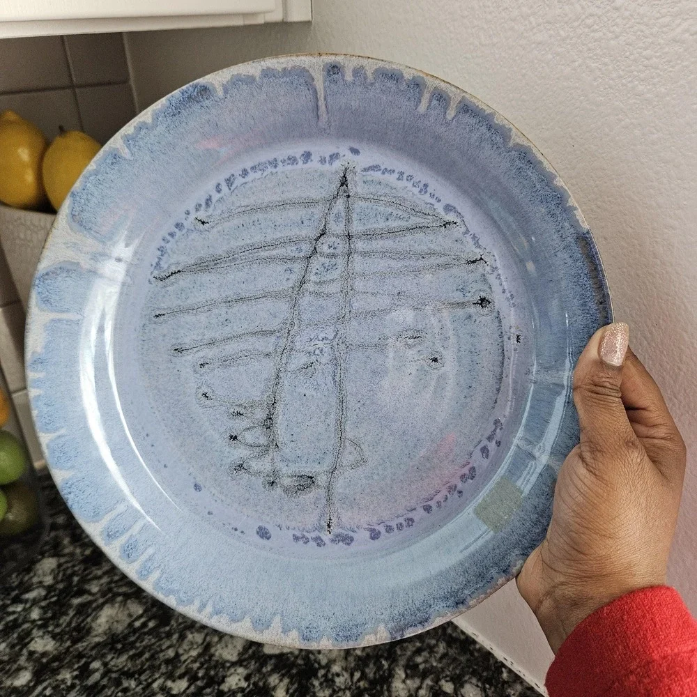 SPOTO art studio pottery light blue round 11 inches plate abstract‎ art